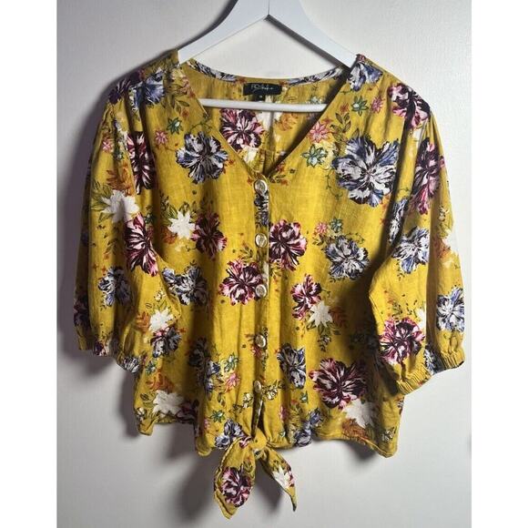 RD & Koko Anthropologie Floral Linen Tie Front Boho Peasant Top Plus Size 1X - Picture 1 of 8